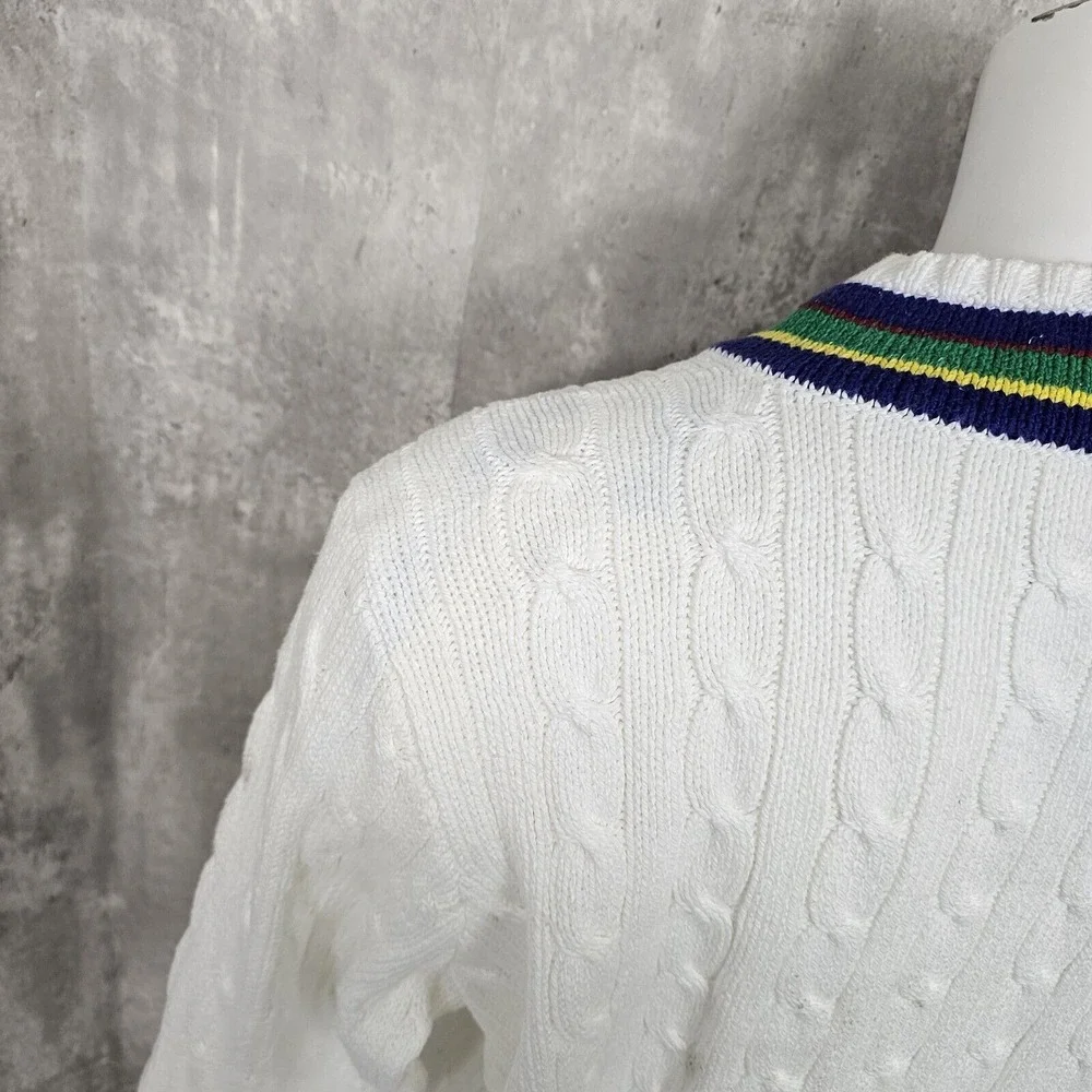 Vintage 90s Polo‎ Ralph Lauren Mens 2XL Vneck White Chunky Knit Cricket Sweater